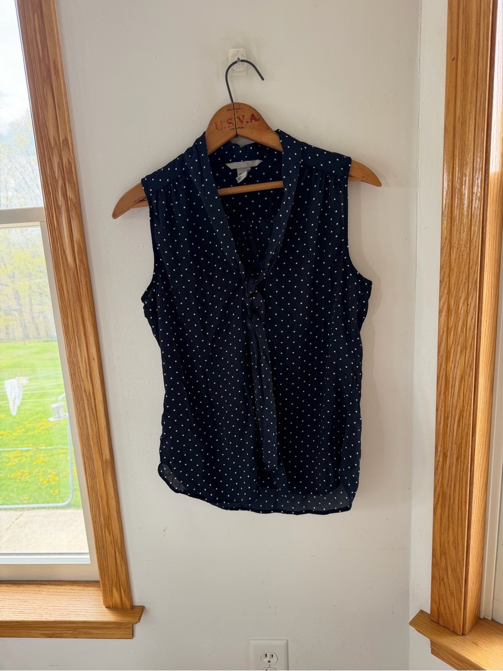 H&M Navy Blue Sleeveless Polka Dot Tie-Front Camisole